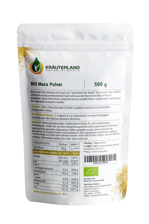 Bio Maca Pulver 500g Rückseite Bio Maca Pulver 500g Rückseite