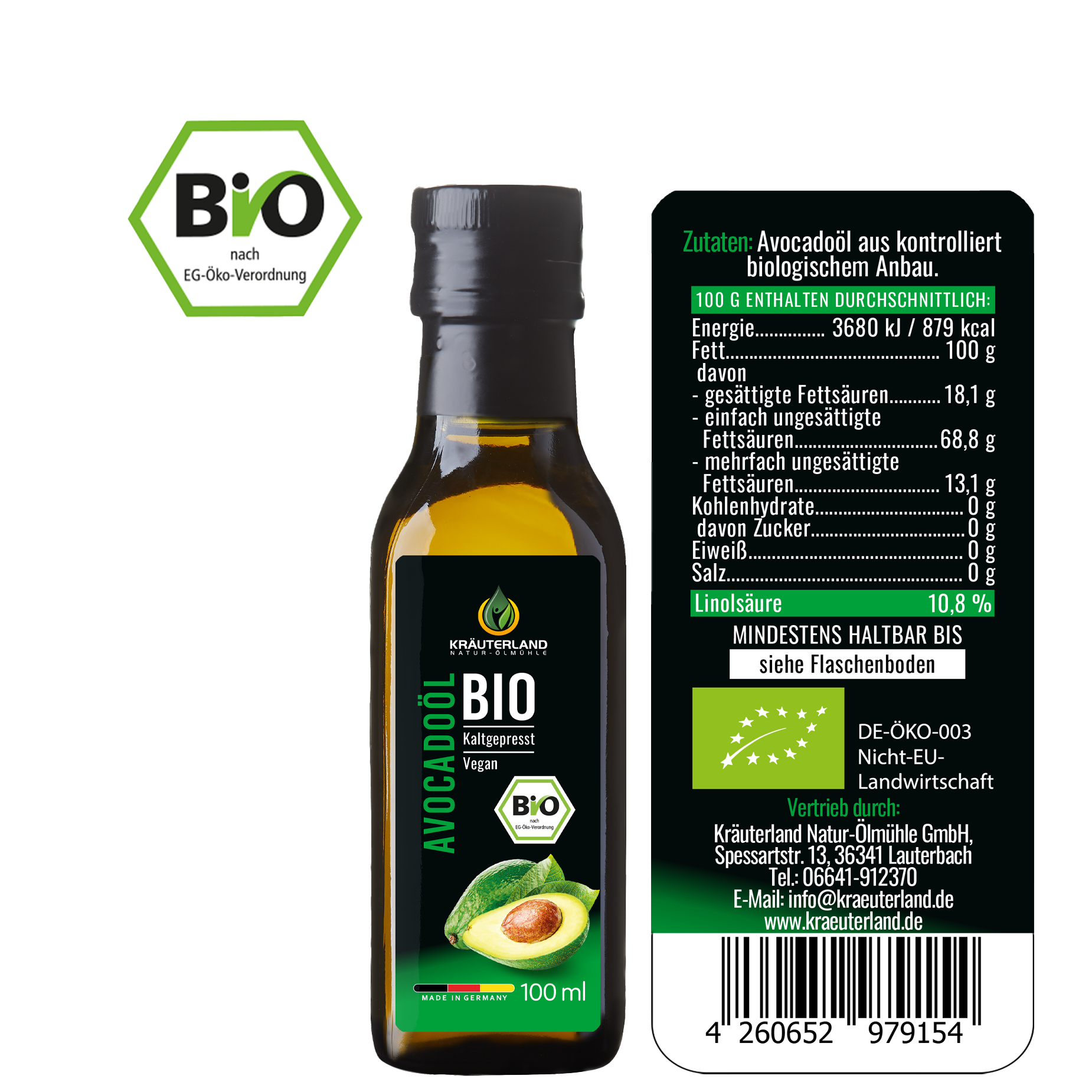 Kräuterland Bio Avocadoöl Rücketikett mit Nährwertangaben Rückseite des Kräuterland Bio Avocadoöls mit Zutatenliste Nährwerttabelle und Bio Zertifizierung