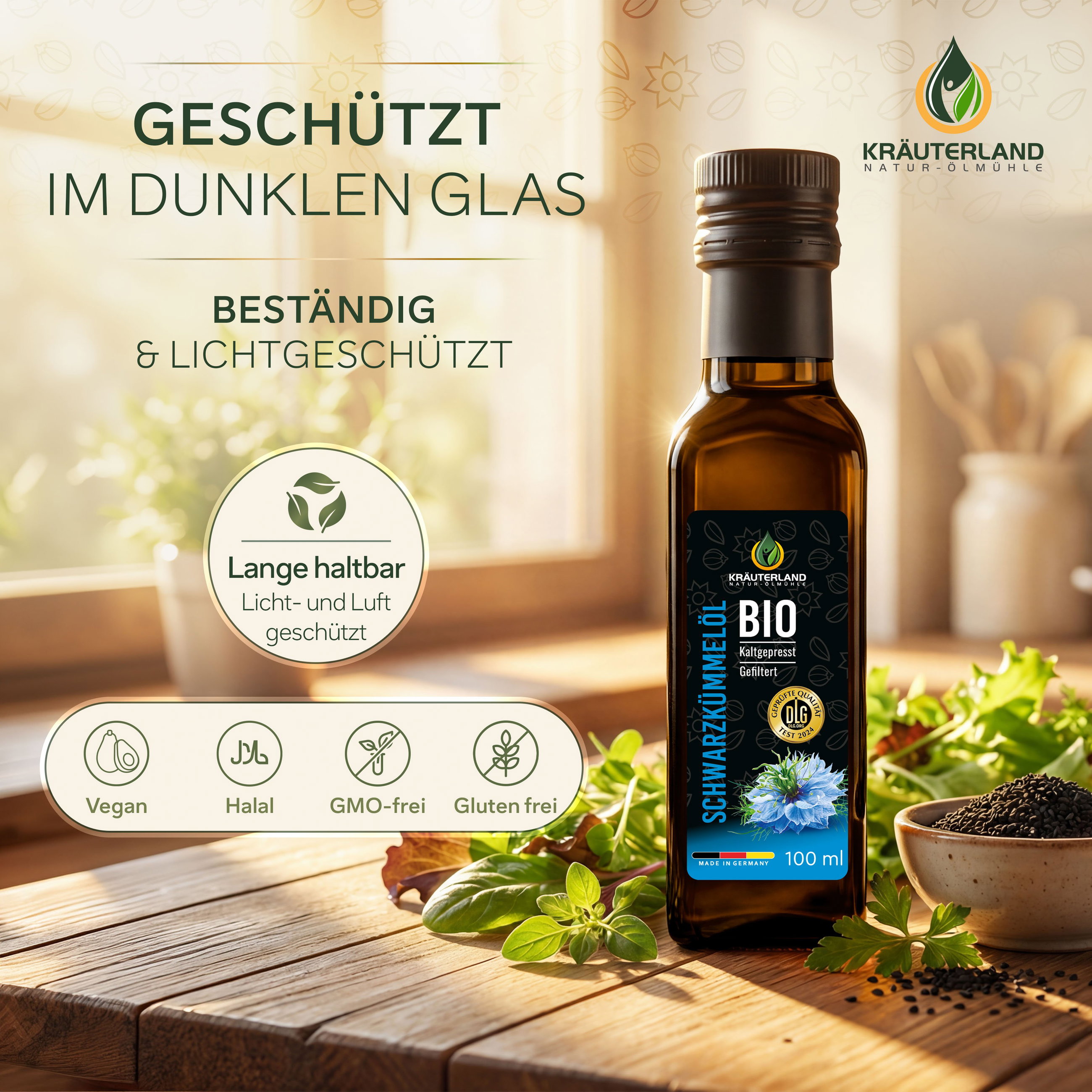 Bio Schwarzkümmelöl gefiltert im dunklen Glas Kräuterland Bio Schwarzkümmelöl gefiltert 100 ml in dunkler Glasflasche, licht- und luftgeschützt, vegan, halal, GMO-frei und glutenfrei