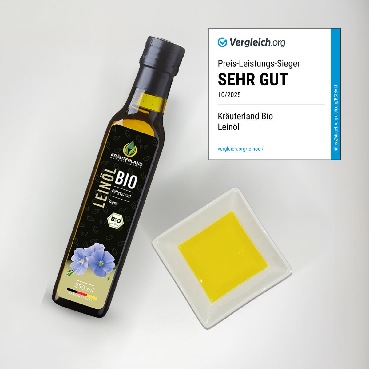 Kräuterland Bio Leinöl in einer Schale zur Veranschaulichung Kräuterland Bio Leinöl in einer Schale