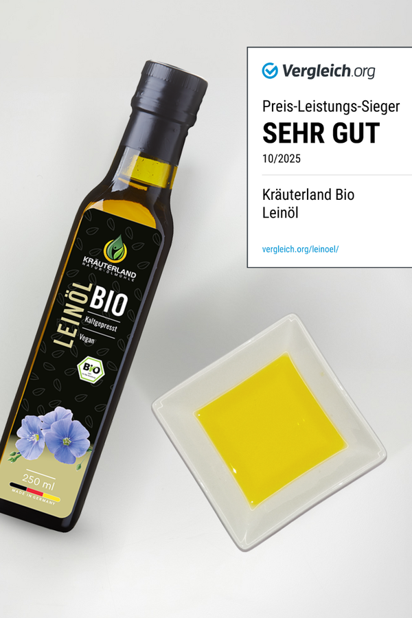 Kräuterland Bio Leinöl in einer Schale zur Veranschaulichung Kräuterland Bio Leinöl in einer Schale