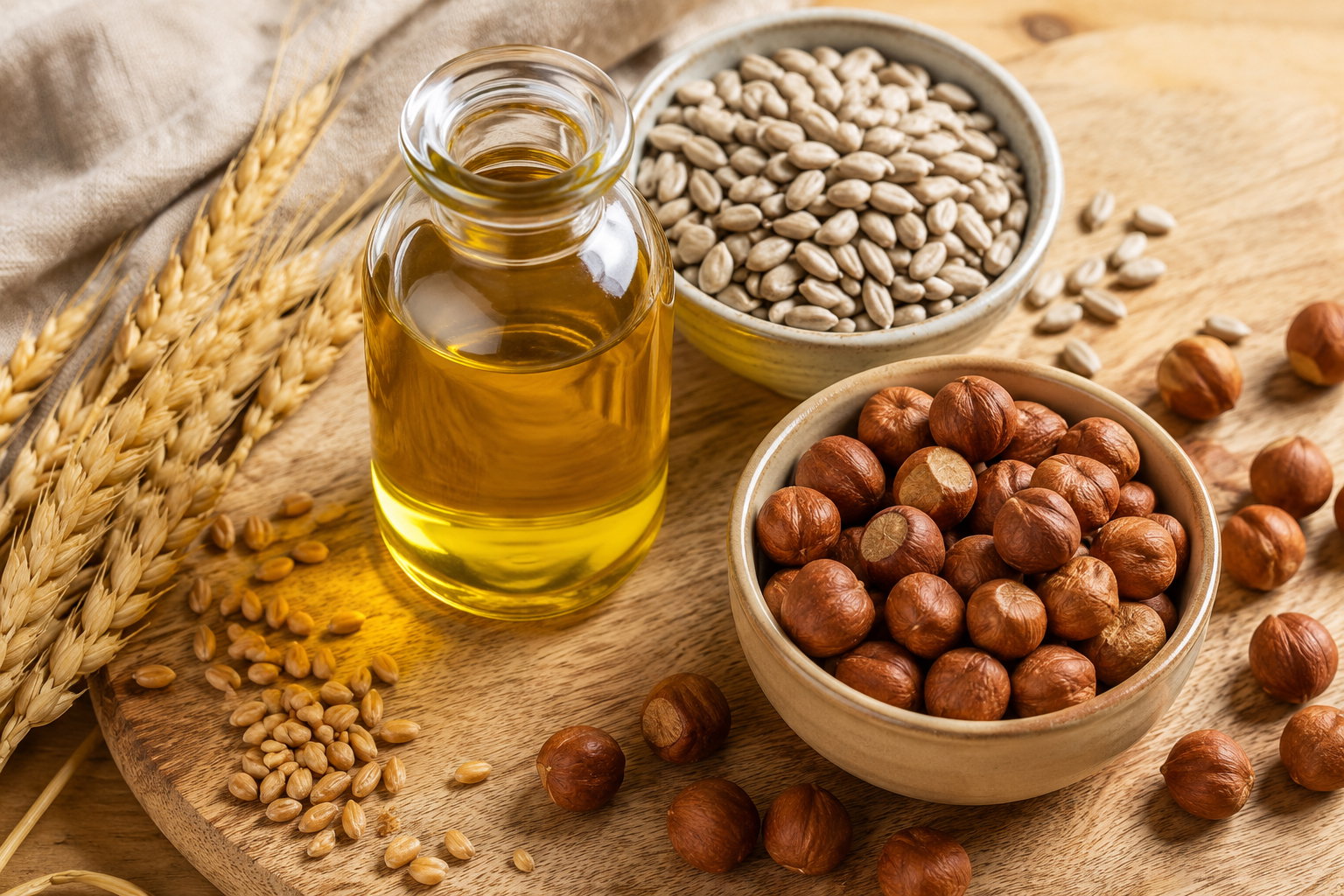 Pflanzenöl, Sonnenblumenkerne, Haselnüsse und Getreidekörner als Beispiele für Vitamin-E-Lebensmittel