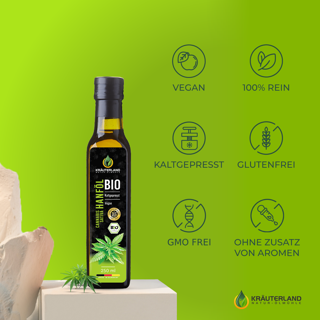 Kräuterland Bio Hanföl 250 ml vegan, kaltgepresst und frei von Zusätzen Kräuterland Bio Hanföl 250 ml vegan, kaltgepresst und frei von Zusätzen