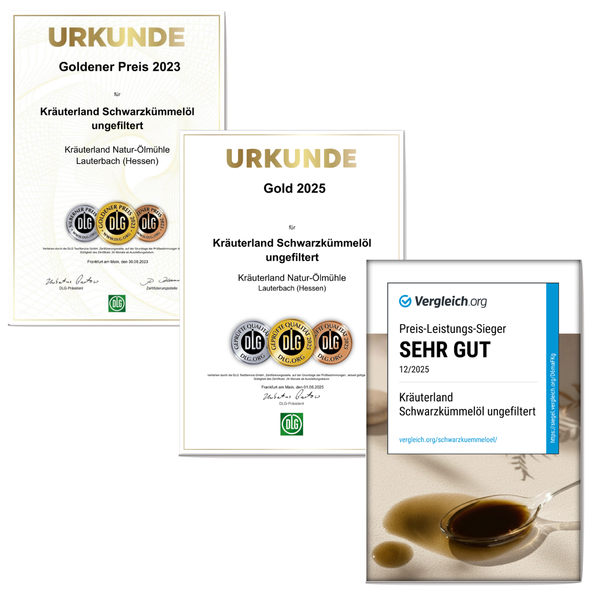 DLG Gold Urkunde für Schwarzkümmelöl ungefiltert DLG Gold Urkunde für Schwarzkümmelöl ungefiltert