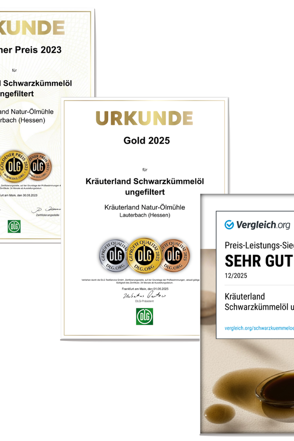 DLG Gold Urkunde für Schwarzkümmelöl ungefiltert DLG Gold Urkunde für Schwarzkümmelöl ungefiltert