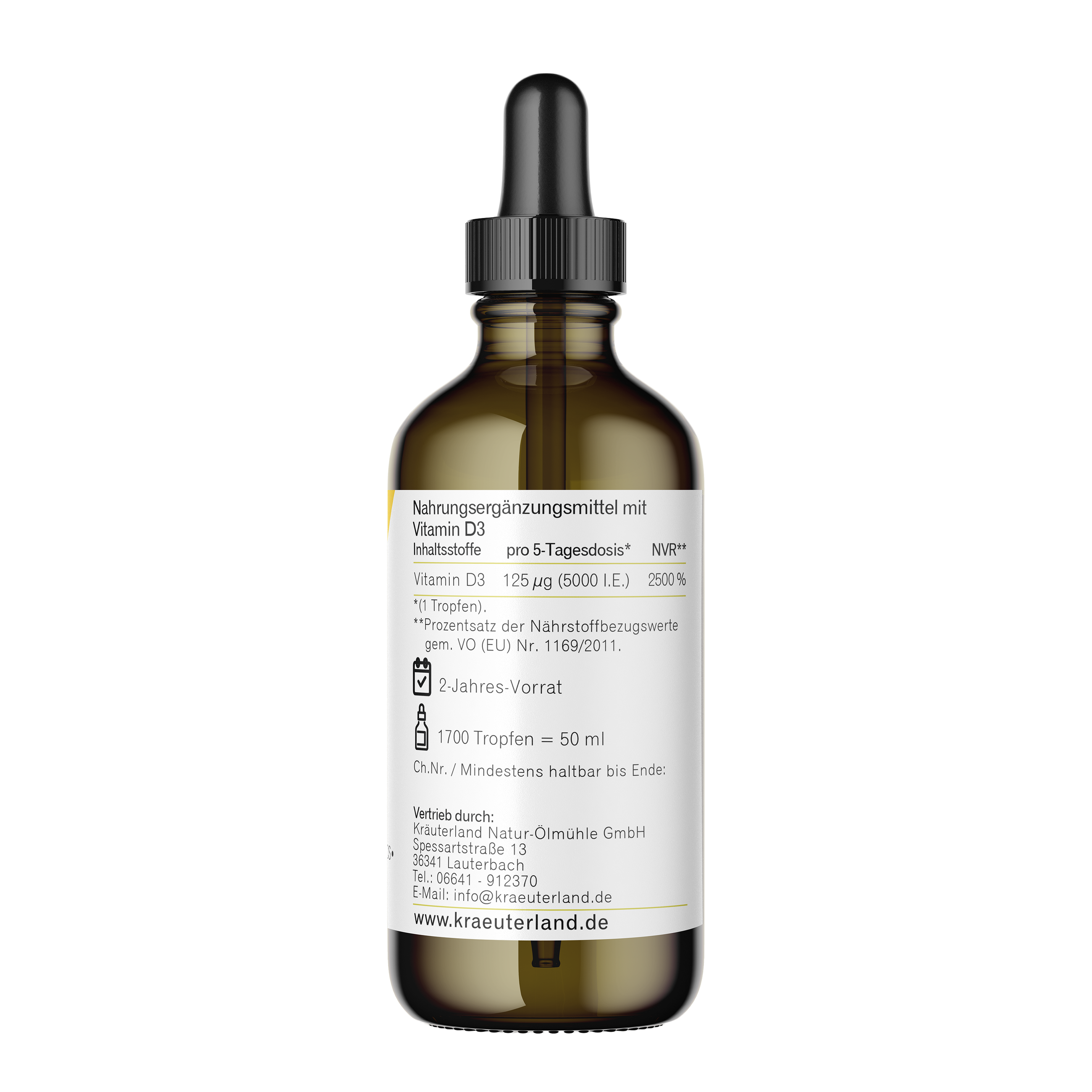 Kräuterland Vitamin D3 5000 I.E. Tropfen Flasche Seitenansicht mit Nährwerten Vitamin D3 5000 I.E. Tropfenflasche von Kräuterland Seitenansicht mit Nährwertangaben und Herstellerdetails