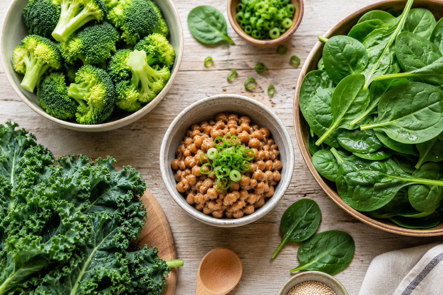 Brokkoli, Spinat, Grünkohl und Natto als Beispiele für Vitamin-K-Lebensmittel
