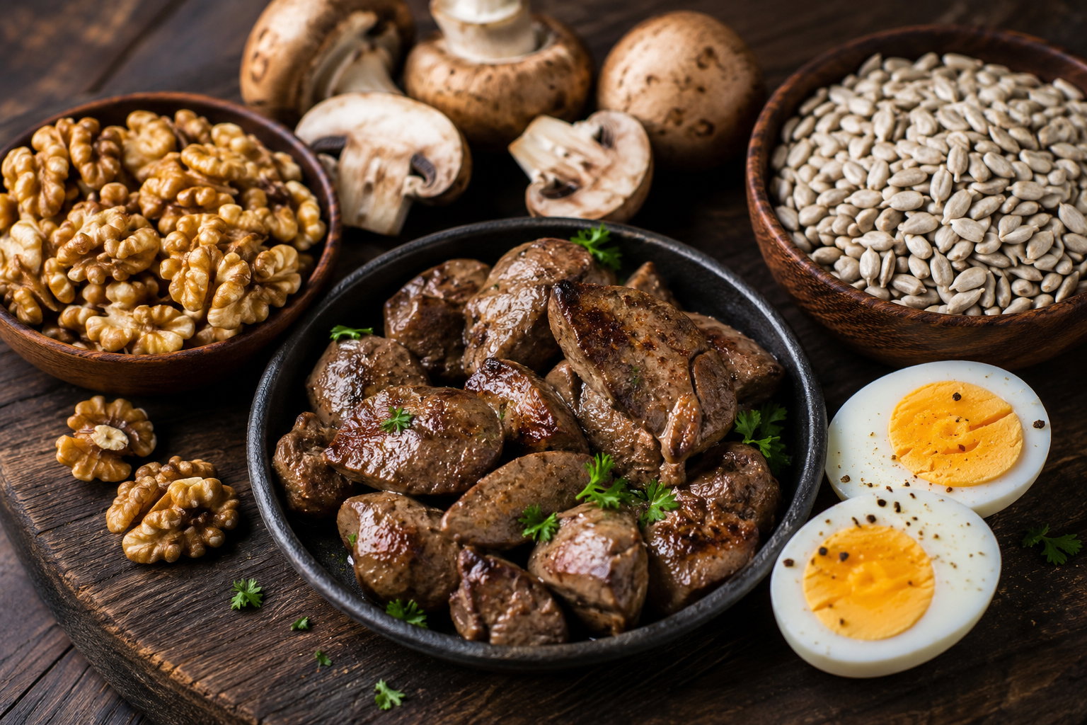 Leber, Eier, Champignons, Walnüsse und Sonnenblumenkerne als Beispiele für Biotin-Lebensmittel