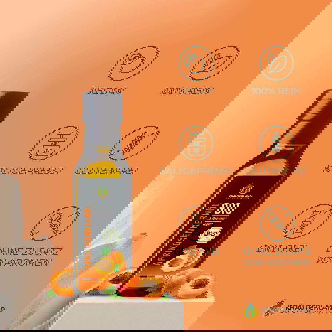 Kräuterland Bio Aprikosenkernöl 100 ml kaltgepresst – vegan, glutenfrei, GMO-frei und ohne Zusatz von Aromen
