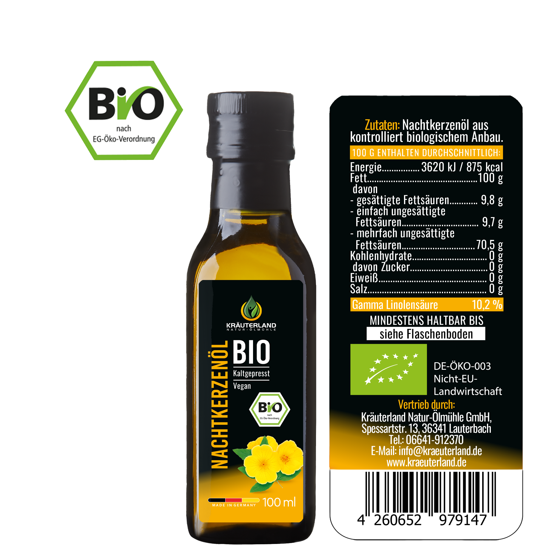 Rückseite des Kräuterland Bio Nachtkerzenöls mit Zutatenliste Nährwerttabelle und Bio Zertifizierung