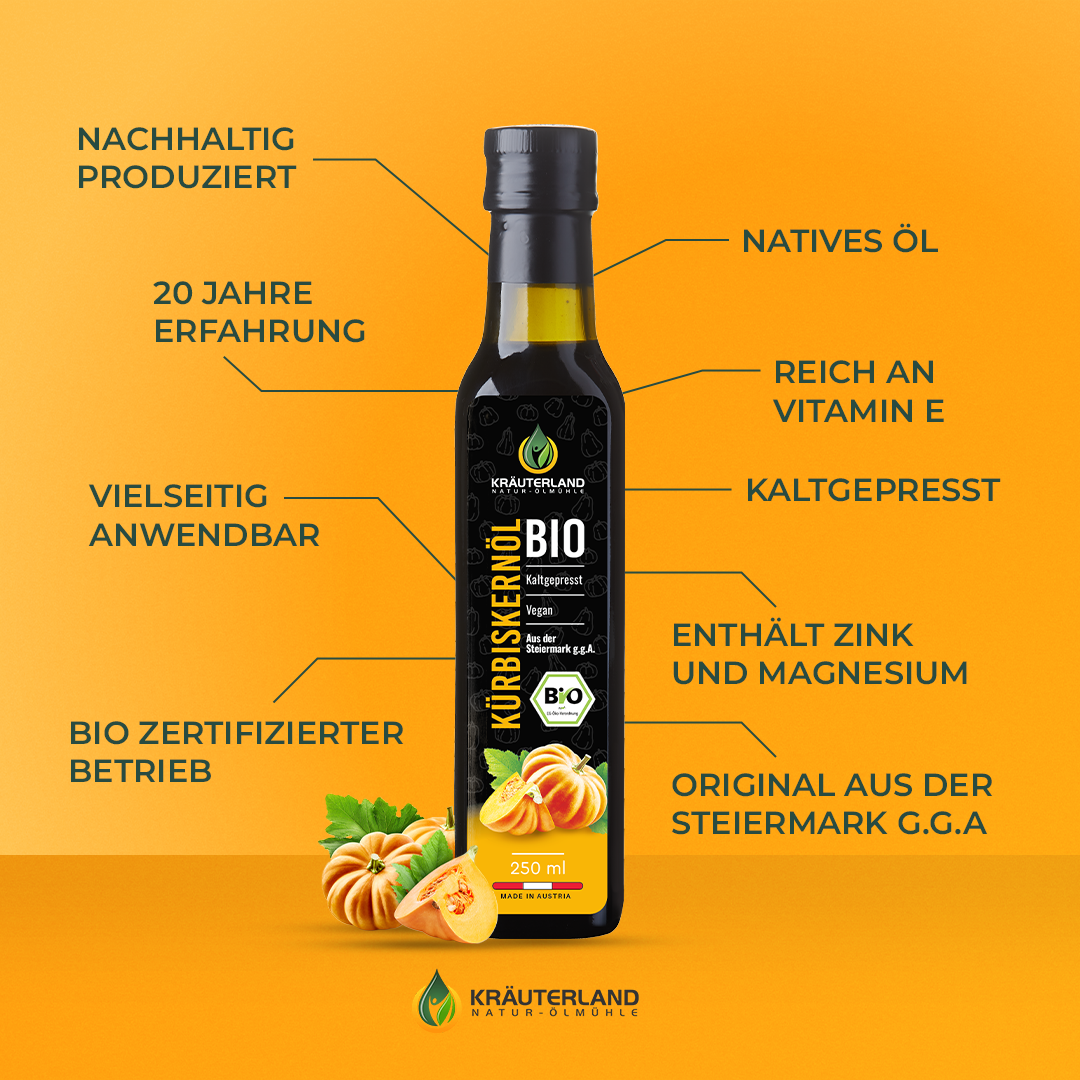 Bio Kürbiskernöl 250 ml Vorteile Bio Kürbiskernöl 250 ml Vorteile