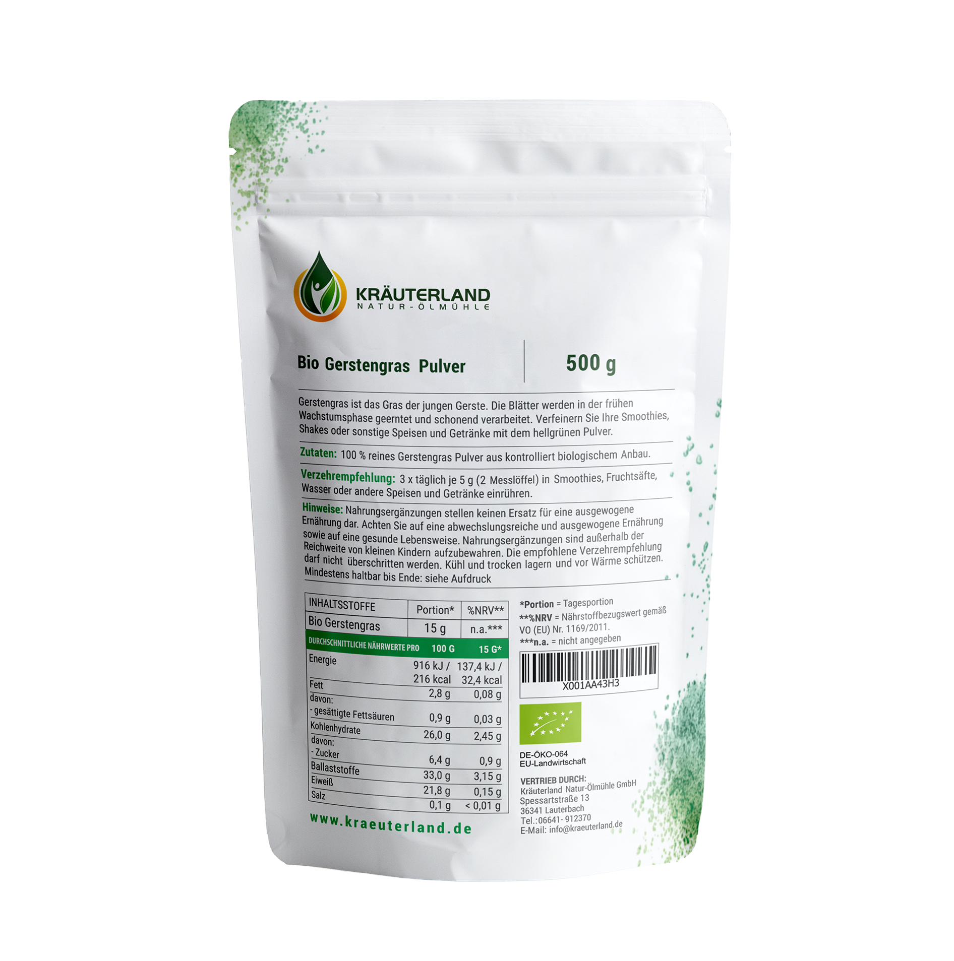 Bio Gerstengras Pulver 500 g Rückseite Bio Gerstengras Pulver 500 g Rückseite