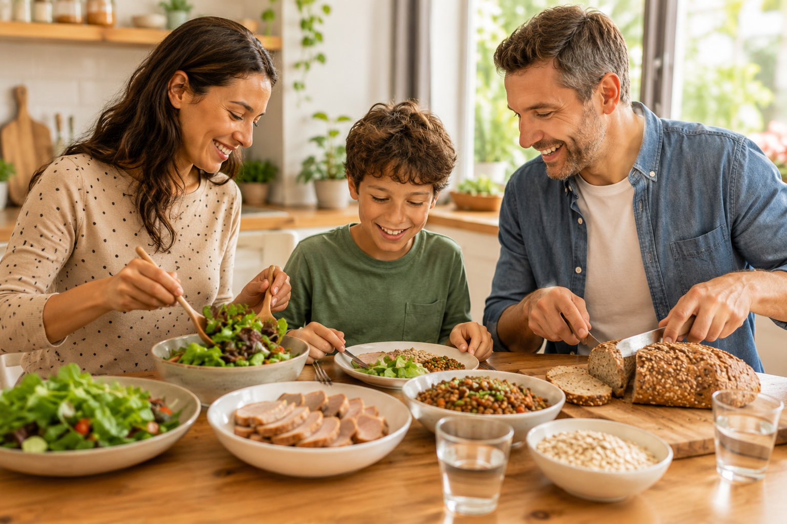 Familie isst gemeinsam Lebensmittel wie Vollkornbrot, Linsen, Haferflocken, Salat und Fleisch als Beispiele für Vitamin-B1-Quellen