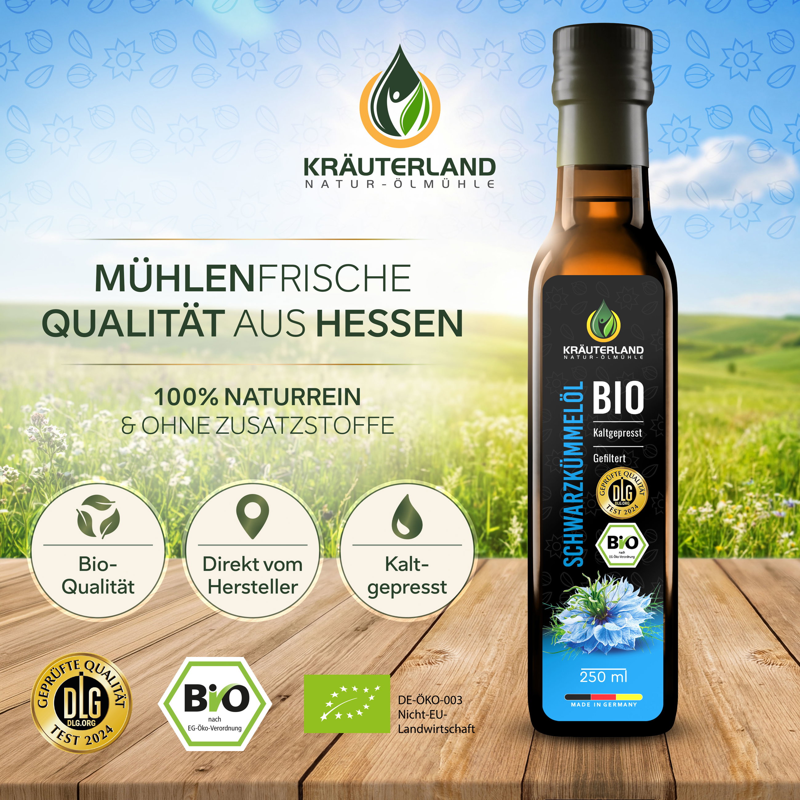 Kräuterland Bio Schwarzkümmelöl gefiltert 250 ml Kräuterland Bio Schwarzkümmelöl gefiltert 250 ml in mühlenfrischer Qualität aus Hessen, naturrein und ohne Zusatzstoffe