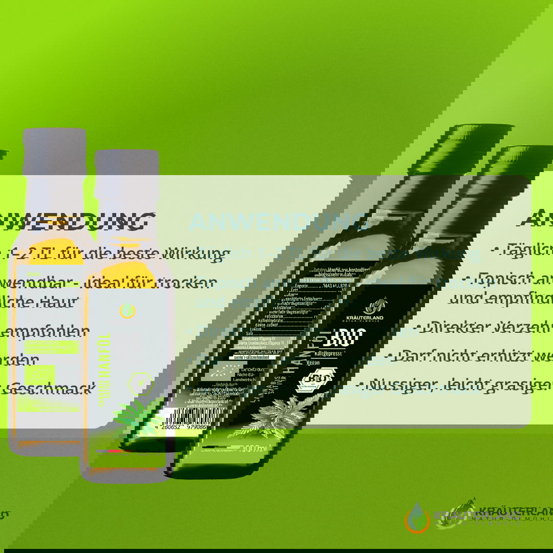 Bio Hanföl von Kräuterland mit Anwendungshinweisen für Ernährung und Hautpflege
