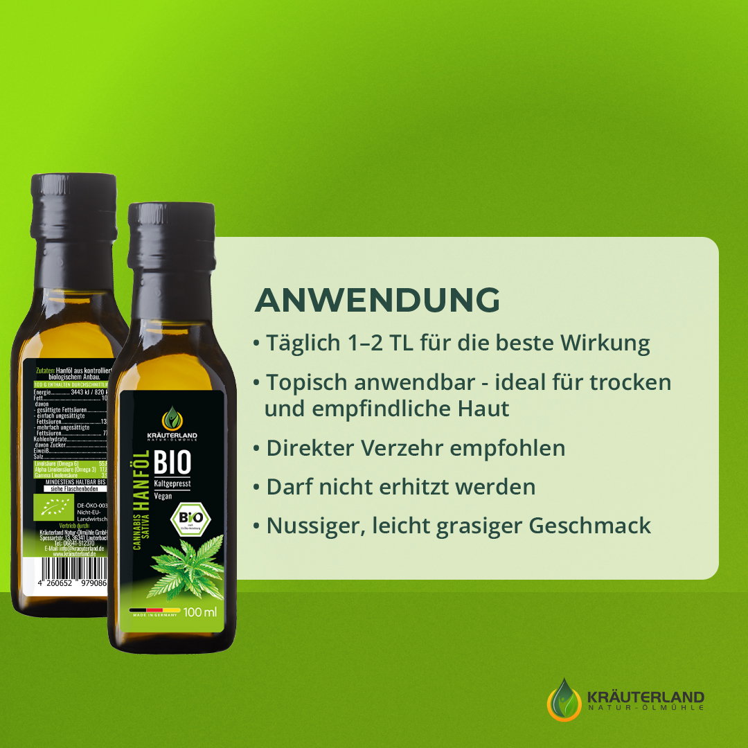 Kräuterland Bio Hanföl Anwendung und Nutzungsmöglichkeiten Bio Hanföl von Kräuterland mit Anwendungshinweisen für Ernährung und Hautpflege