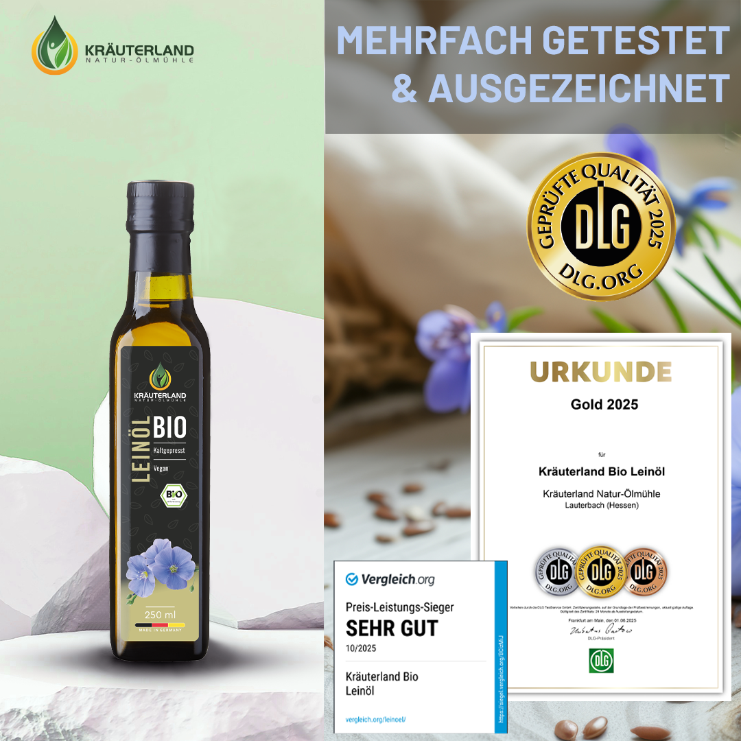 Kräuterland Bio Leinöl 250 ml Preisleistungssieger und DLG Gold Auszeichnung Kräuterland Bio Leinöl 250 ml ist Preis-Leistungs-Sieger bei Vergleich.org und wurde mit einer DLG-Gold-Urkunde ausgezeichnet.