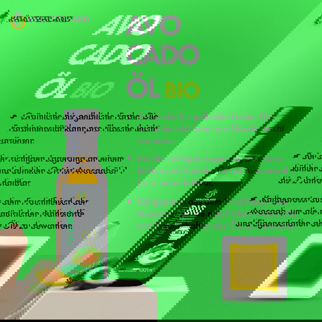 Bio Avocadoöl von Kräuterland mit Informationen zu Farbe Lagerung und kaltgepresster Herstellung
