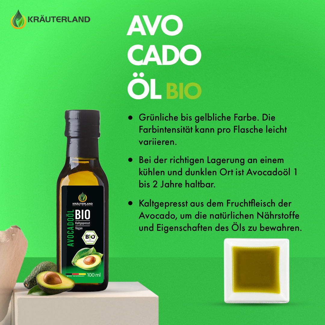Kräuterland Bio Avocadoöl Eigenschaften und Qualitätsbeschreibung Bio Avocadoöl von Kräuterland mit Informationen zu Farbe Lagerung und kaltgepresster Herstellung