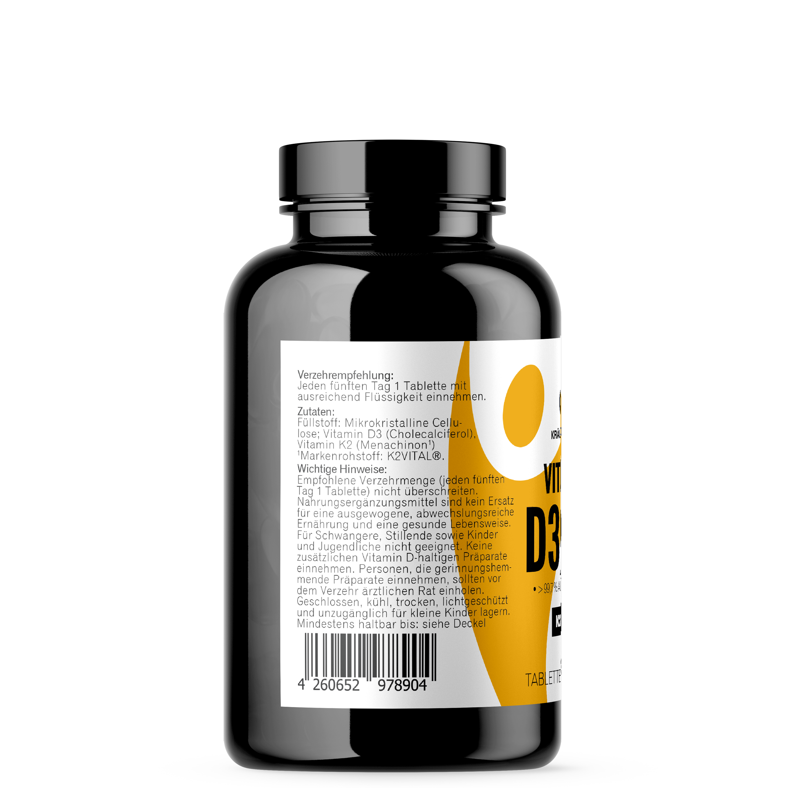 Kräuterland Vitamin D3 + K2 Tabletten – Zutaten & Verzehrempfehlung (180 Stück) Seitenansicht der Kräuterland Vitamin D3 + K2 Tabletten in schwarzer Dose mit Zutatenliste, Verzehrempfehlung und wichtigen Hinweisen.
