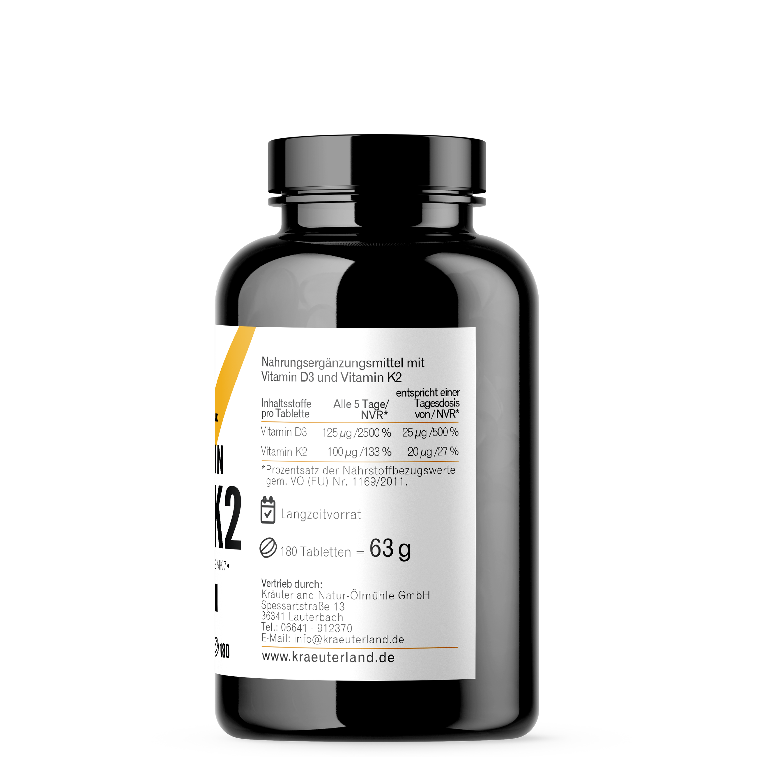 Kräuterland Vitamin D3 + K2 Tabletten – Nährwertangaben & Inhaltsstoffe (180 Stück) Seitenansicht der Kräuterland Vitamin D3 + K2 Tabletten in schwarzer Dose mit Nährwertangaben und Dosierung, 180 Tabletten.