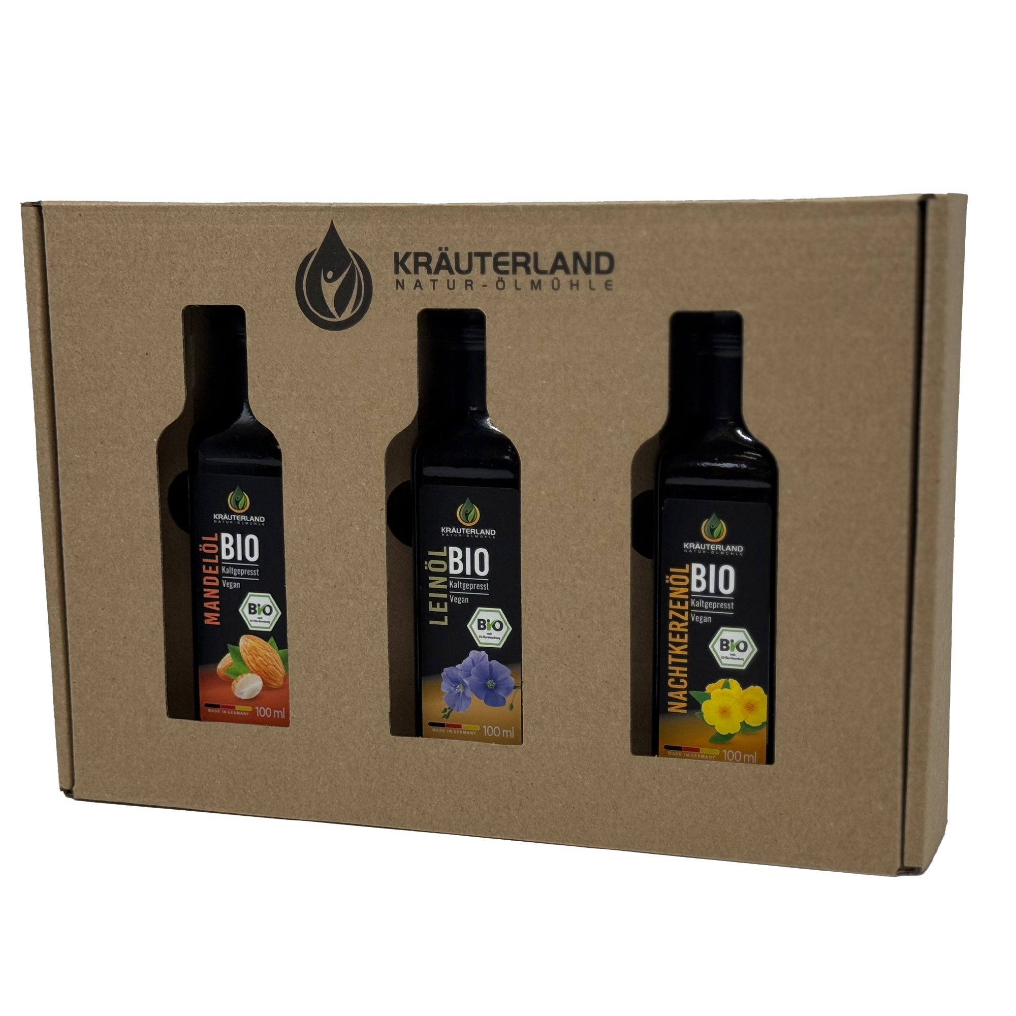Bio Wohlfühlöl Set 100 ml – Mandelöl, Leinöl und Nachtkerzenöl in Geschenkbox mit Sichtfenster