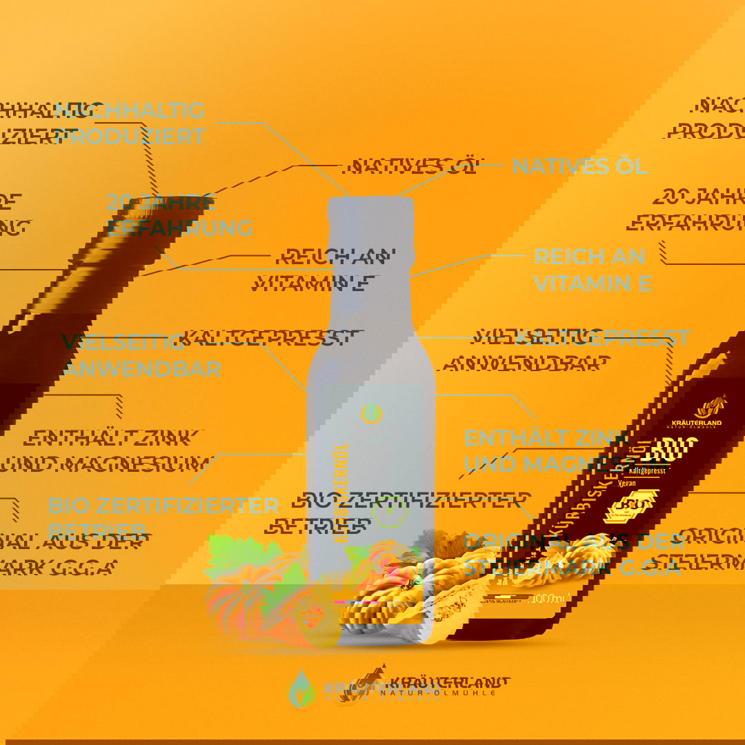 Bio Kürbiskernöl von Kräuterland mit Vorteilen wie reich an Vitamin E enthält Zink und Magnesium kaltgepresst und nachhaltig produziert