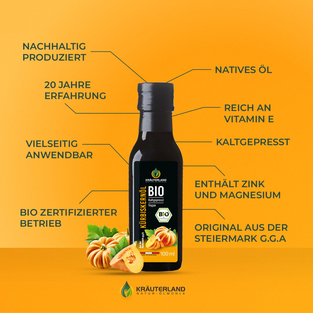 Kräuterland Bio Kürbiskernöl zentrale Vorteile und Qualitätsmerkmale Bio Kürbiskernöl von Kräuterland mit Vorteilen wie reich an Vitamin E enthält Zink und Magnesium kaltgepresst und nachhaltig produziert