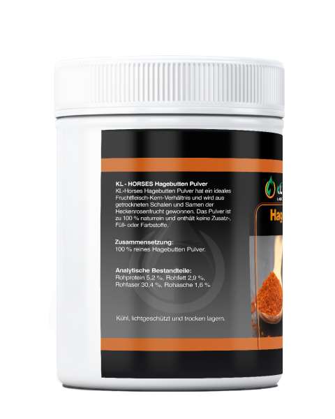 Seitenansicht von Hagebuttenpulver für Pferde 1 kg mit Angaben der Zusammensetzung