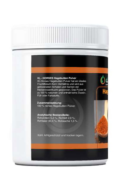 Seitenansicht von Hagebuttenpulver für Pferde 1 kg mit Angaben der Zusammensetzung