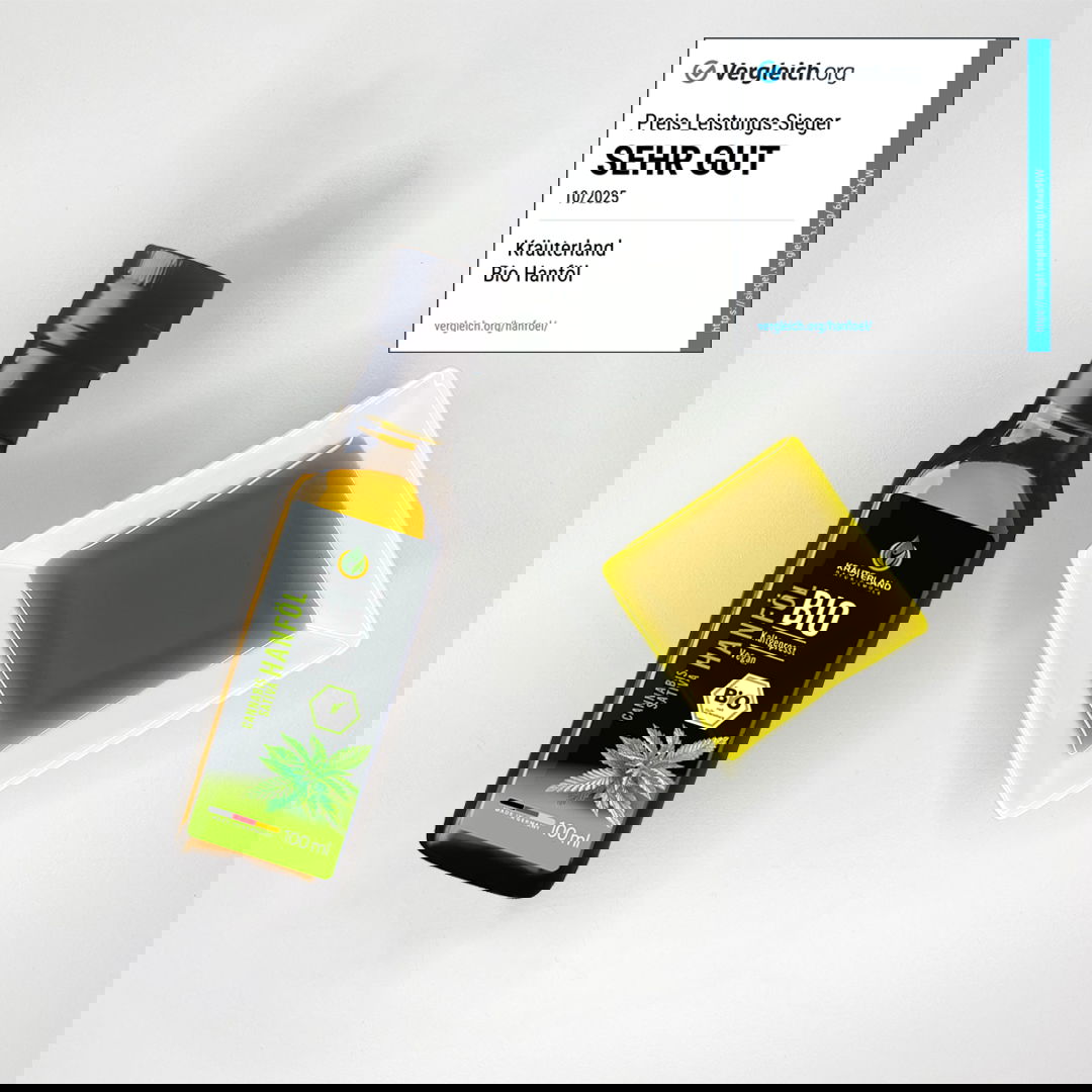 Bio Hanföl von Kräuterland neben einer Schale mit grünlichem Öl und Vergleichsorg Bewertung sehr gut