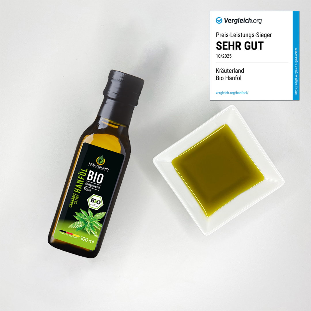 Kräuterland Bio Hanföl Produktabbildung mit sehr gut Bewertung Bio Hanföl von Kräuterland neben einer Schale mit grünlichem Öl und Vergleichsorg Bewertung sehr gut