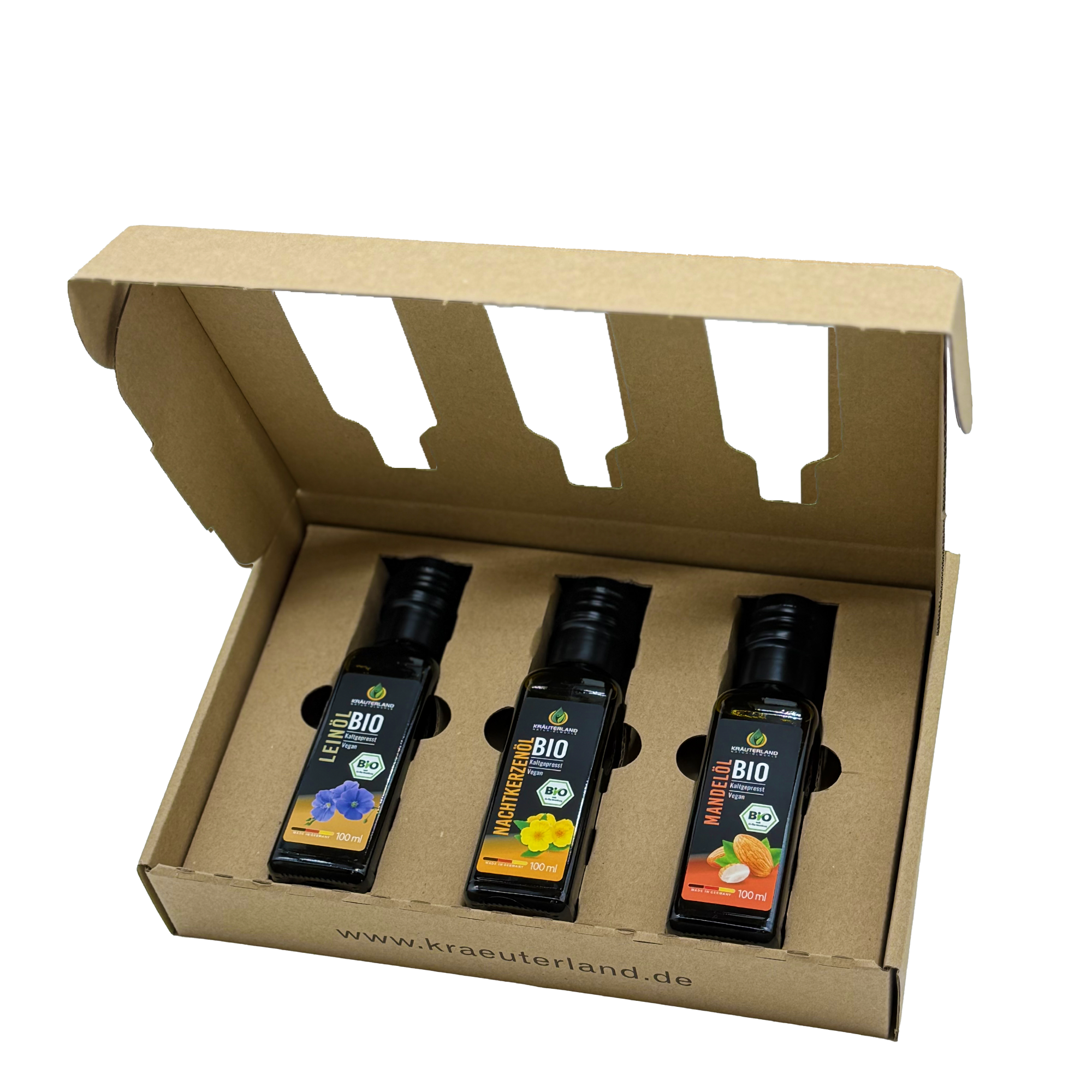 Bio Wohlfühlöl Set 100 ml – Mandelöl, Leinöl und Nachtkerzenöl in geöffneter Geschenkverpackung