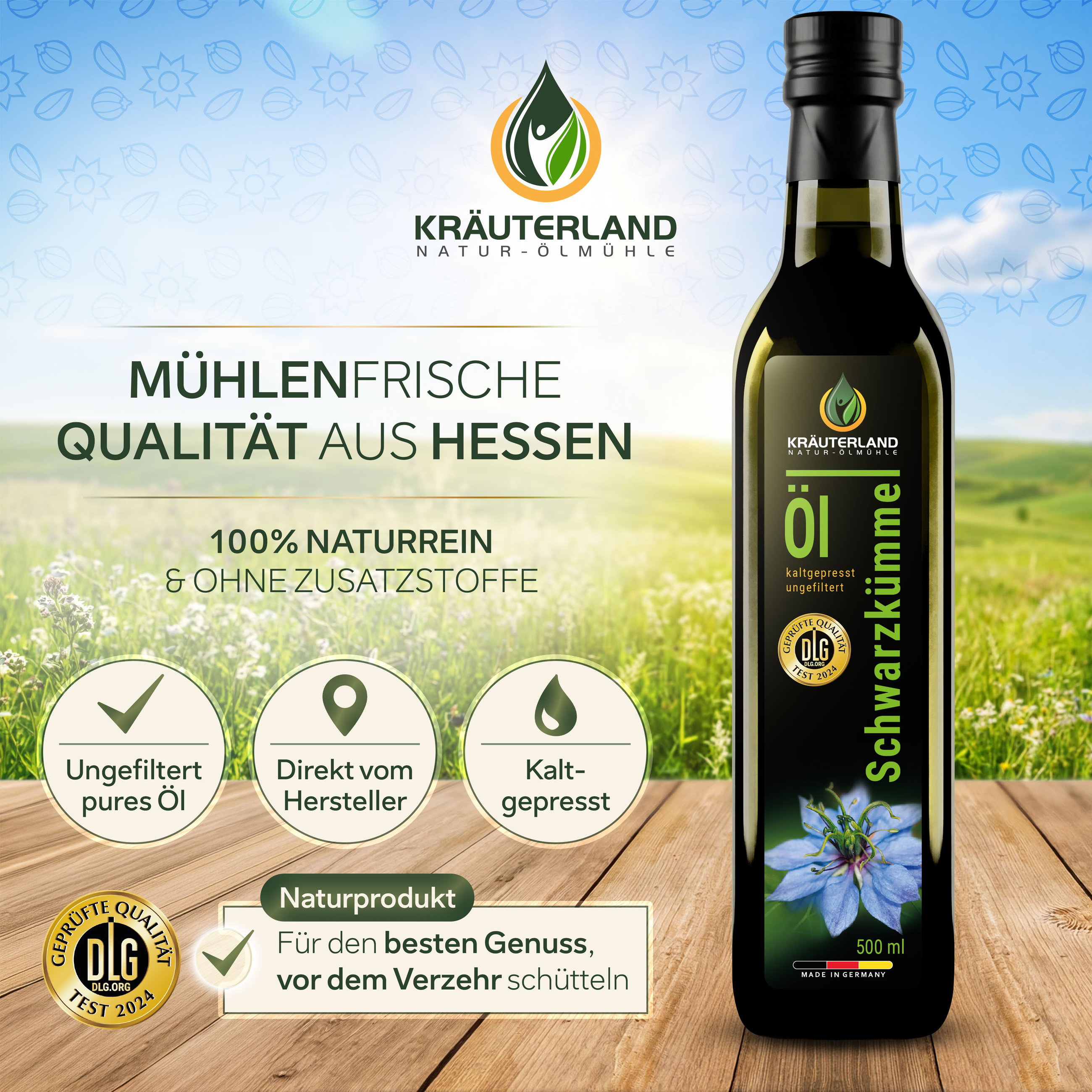 Kräuterland Schwarzkümmelöl ungefiltert 500 ml Kräuterland Schwarzkümmelöl ungefiltert 500 ml in mühlenfrischer Qualität aus Hessen, naturrein, ohne Zusatzstoffe und kaltgepresst