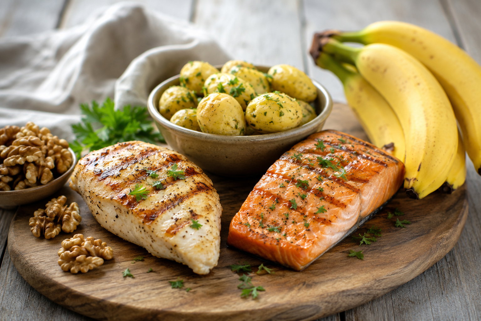 Lachs, Hähnchen, Kartoffeln, Bananen und Walnüsse als Beispiele für Vitamin-B6-Lebensmittel