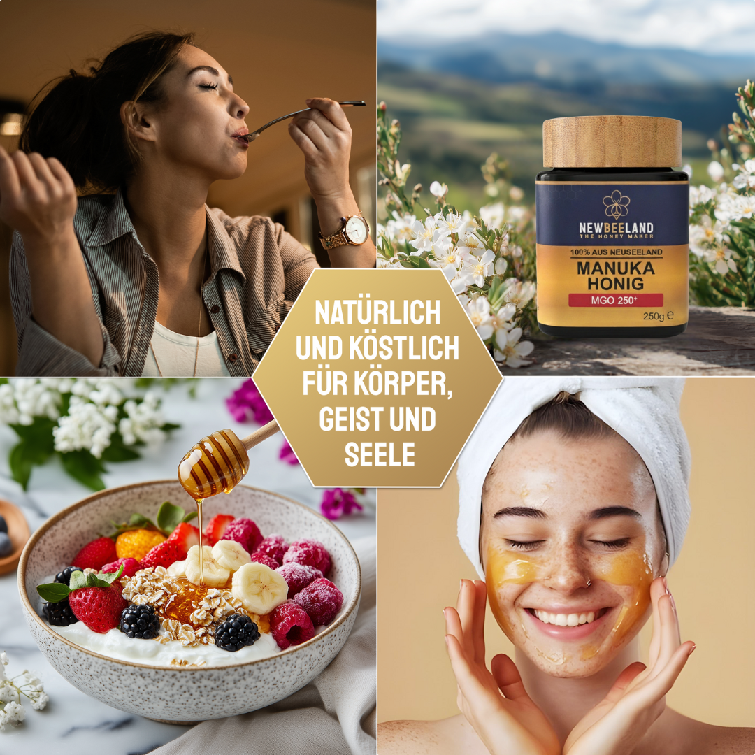 Collage mit NewBeeLand Manuka Honig, Frau genießt Honig, Frühstücksschale mit Früchten und Joghurt, sowie Frau mit Honigmaske im Gesicht.