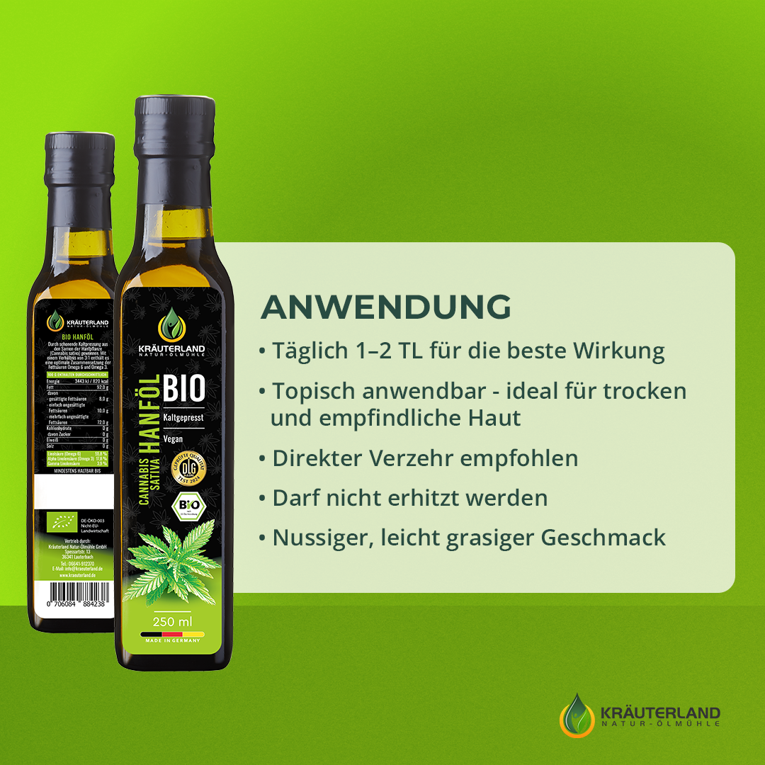Bio Hanföl Anwendung – vielseitig für Ernährung und Hautpflege Anwendungstipps für Kräuterland Bio Hanföl – ideal für Hautpflege, direkte Einnahme und kalte Küche