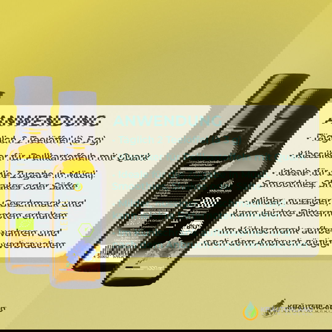Bio Leinöl von Kräuterland mit Anwendungshinweisen für tägliche Nutzung und kulinarische Verwendung