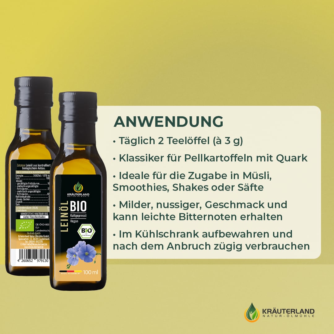 Kräuterland Bio Leinöl Anwendung und Nutzungsmöglichkeiten Bio Leinöl von Kräuterland mit Anwendungshinweisen für tägliche Nutzung und kulinarische Verwendung