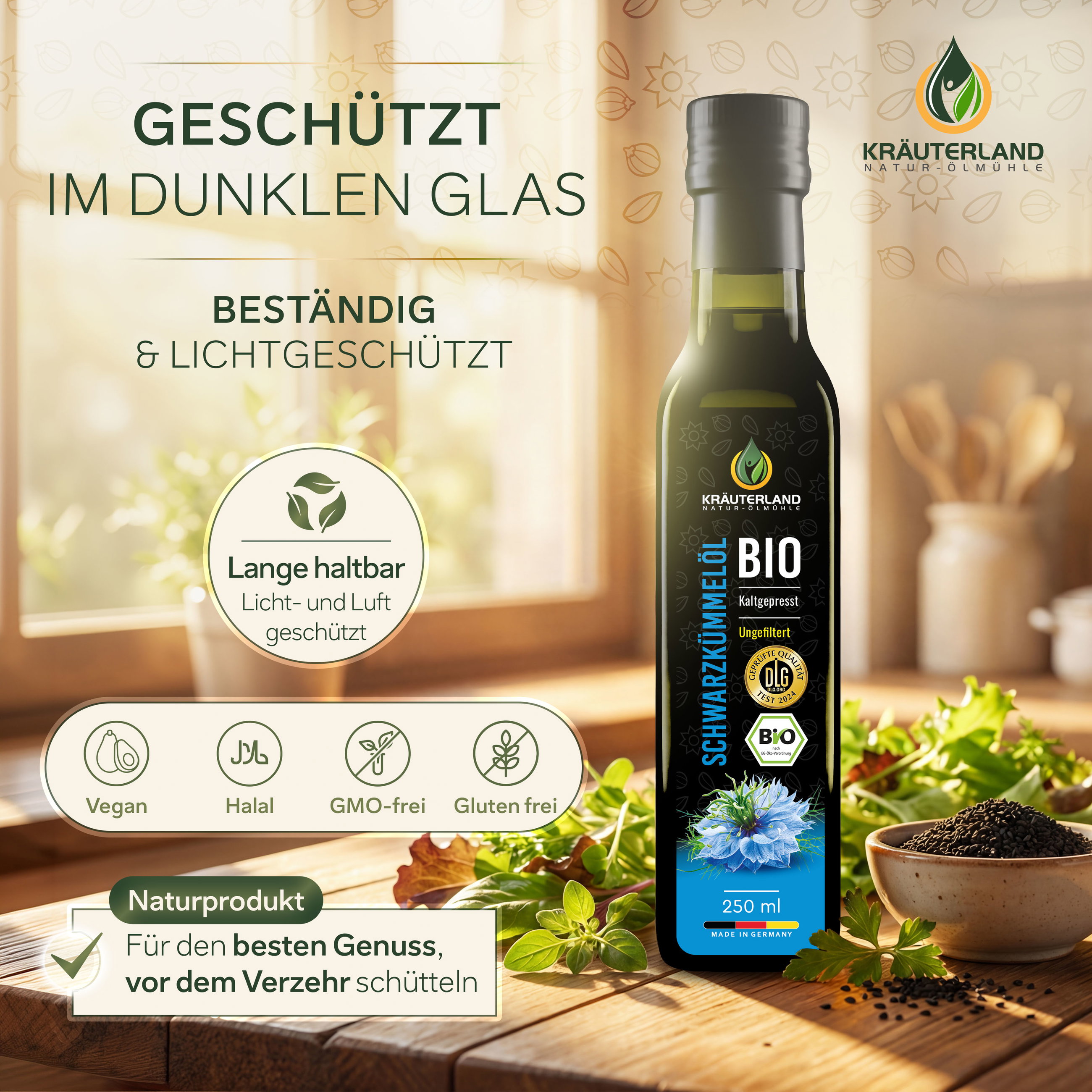 Bio Schwarzkümmelöl ungefiltert 250 ml im dunklen Glas Kräuterland Bio Schwarzkümmelöl in dunkler Glasflasche, licht- und luftgeschützt, vegan, halal, GMO-frei und glutenfrei