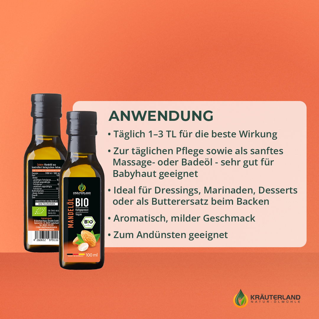 Kräuterland Bio Mandelöl Anwendung und Nutzungsmöglichkeiten Bio Mandelöl von Kräuterland mit Anwendungshinweisen für Pflege Küche und tägliche Nutzung