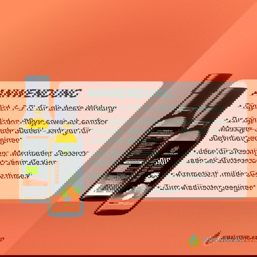 Bio Mandelöl von Kräuterland mit Anwendungshinweisen für Pflege Küche und tägliche Nutzung