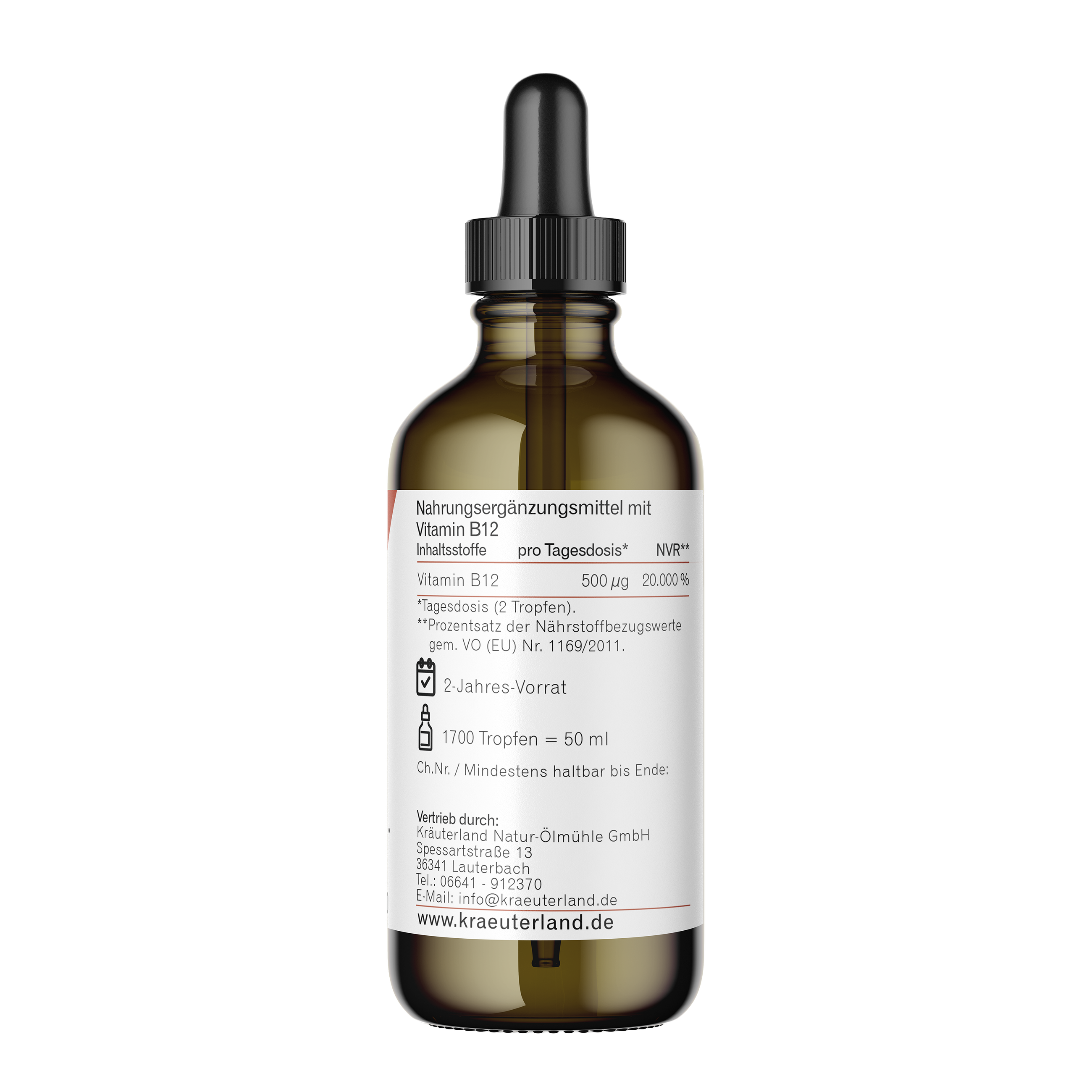 Vitamin B12 Tropfen Flasche Rückseite mit Nährwerten und Angaben des Herstellers Vitamin B12 Tropfenflasche Rückseite mit Nährwertangaben und Herstellerinformationen