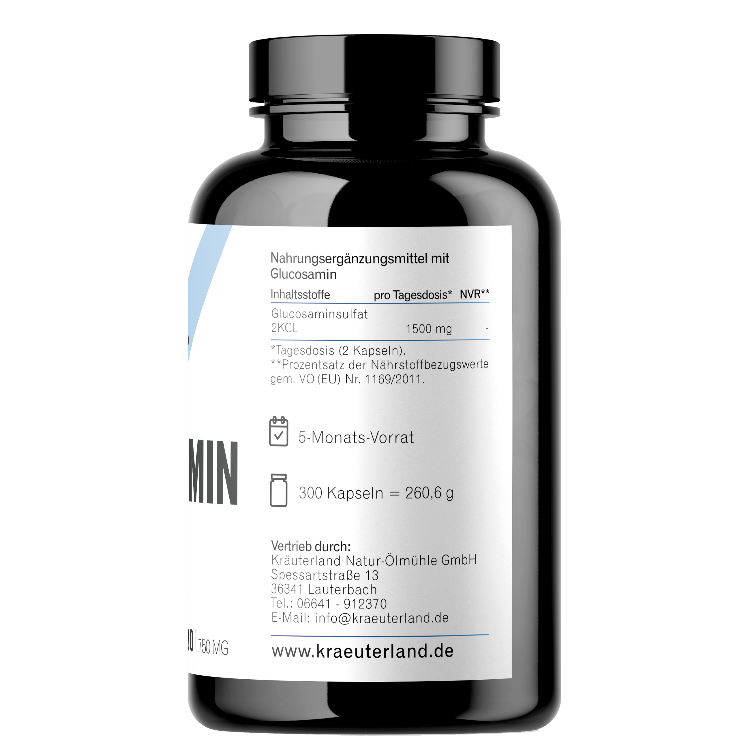 Glucosamin Kapseln 300 Stück Seitenansicht mit Nährwertangaben Glucosamin Kapseln 300 Stück Seitenansicht mit Nährwertangaben