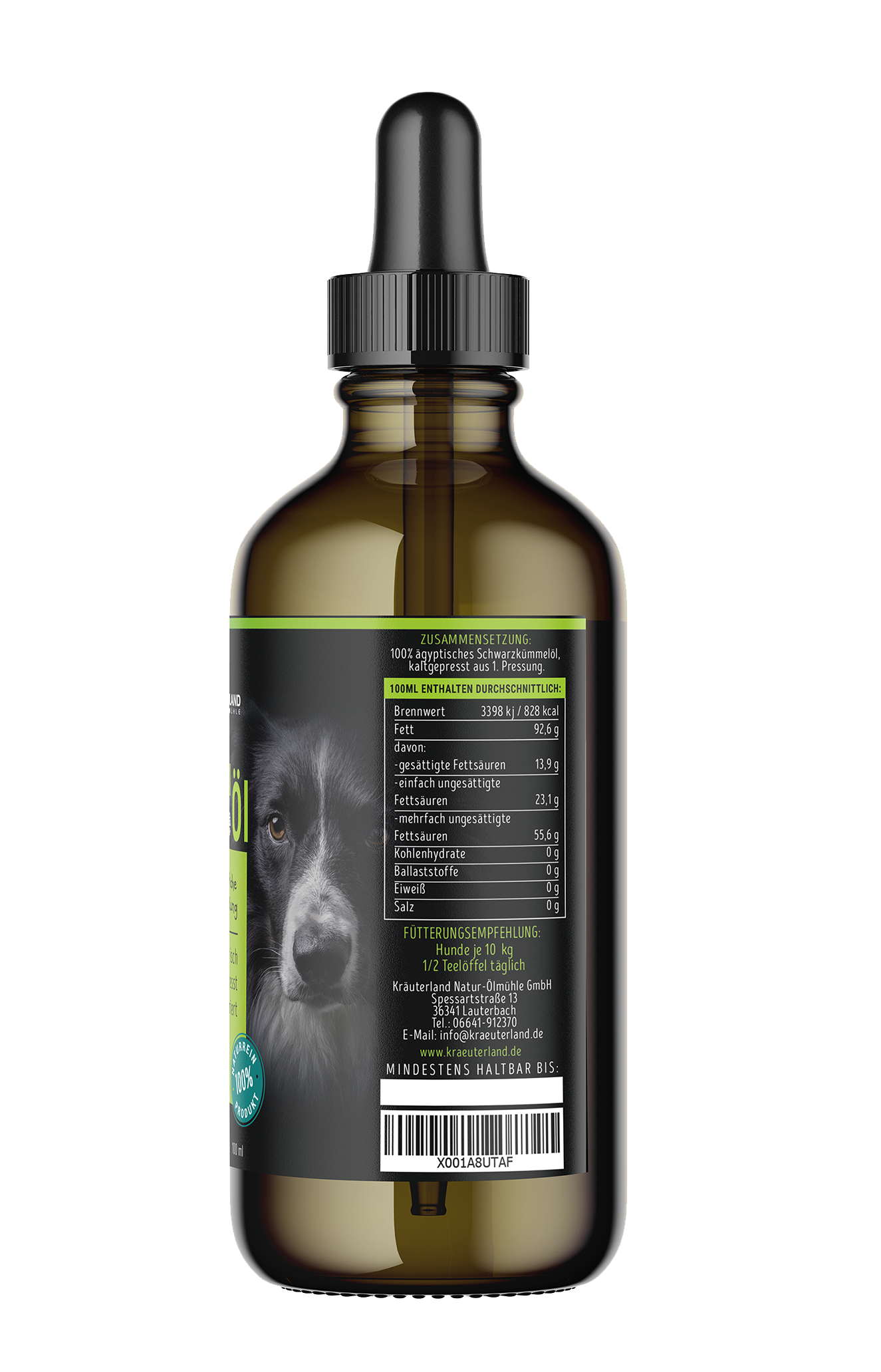 Schwarzkümmelöl für Hunde 100 ml Seitenansicht mit Nährwertangaben