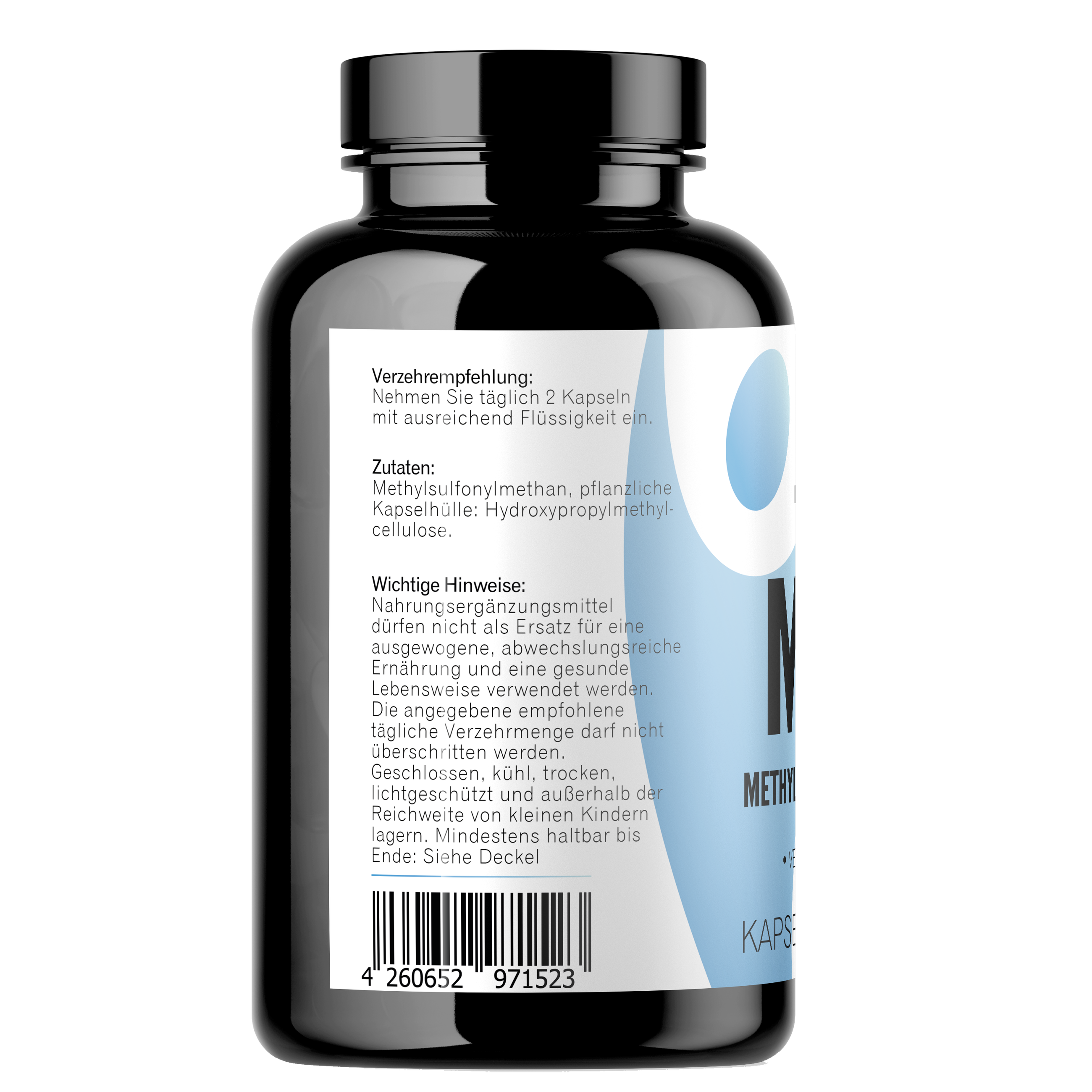 Seitenansicht von MSM Kapseln 360 Stück mit Zutaten