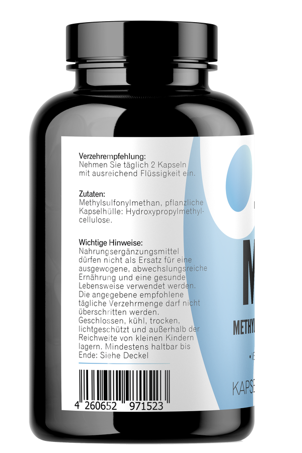 Seitenansicht von MSM Kapseln 360 Stück mit Zutaten