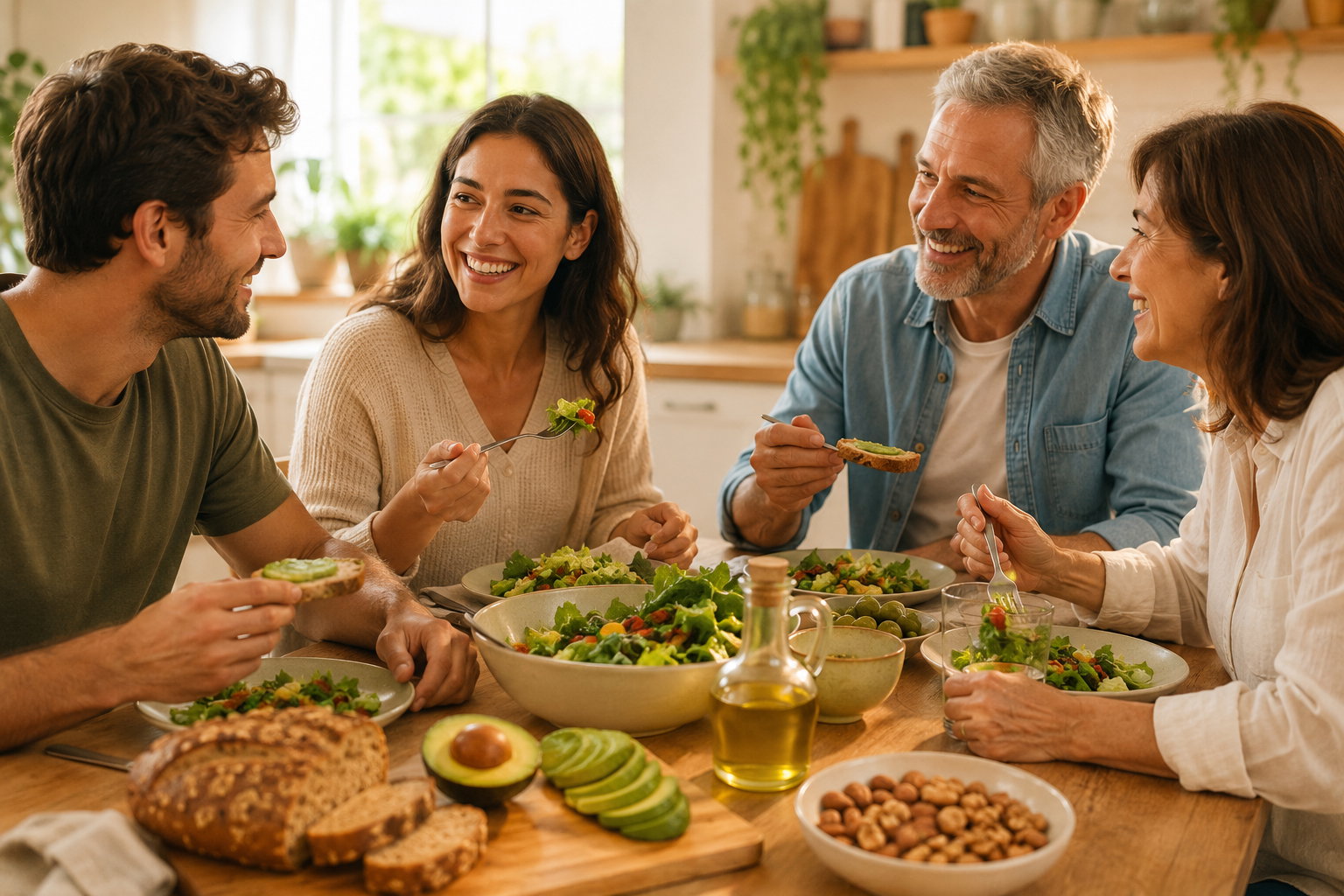 Vitamin E im Ernährungsalltag Personen beim gemeinsamen Essen mit Salat, Pflanzenöl, Avocado, Nüssen und Vollkornbrot als Beispiele für Vitamin-E-Lebensmittel