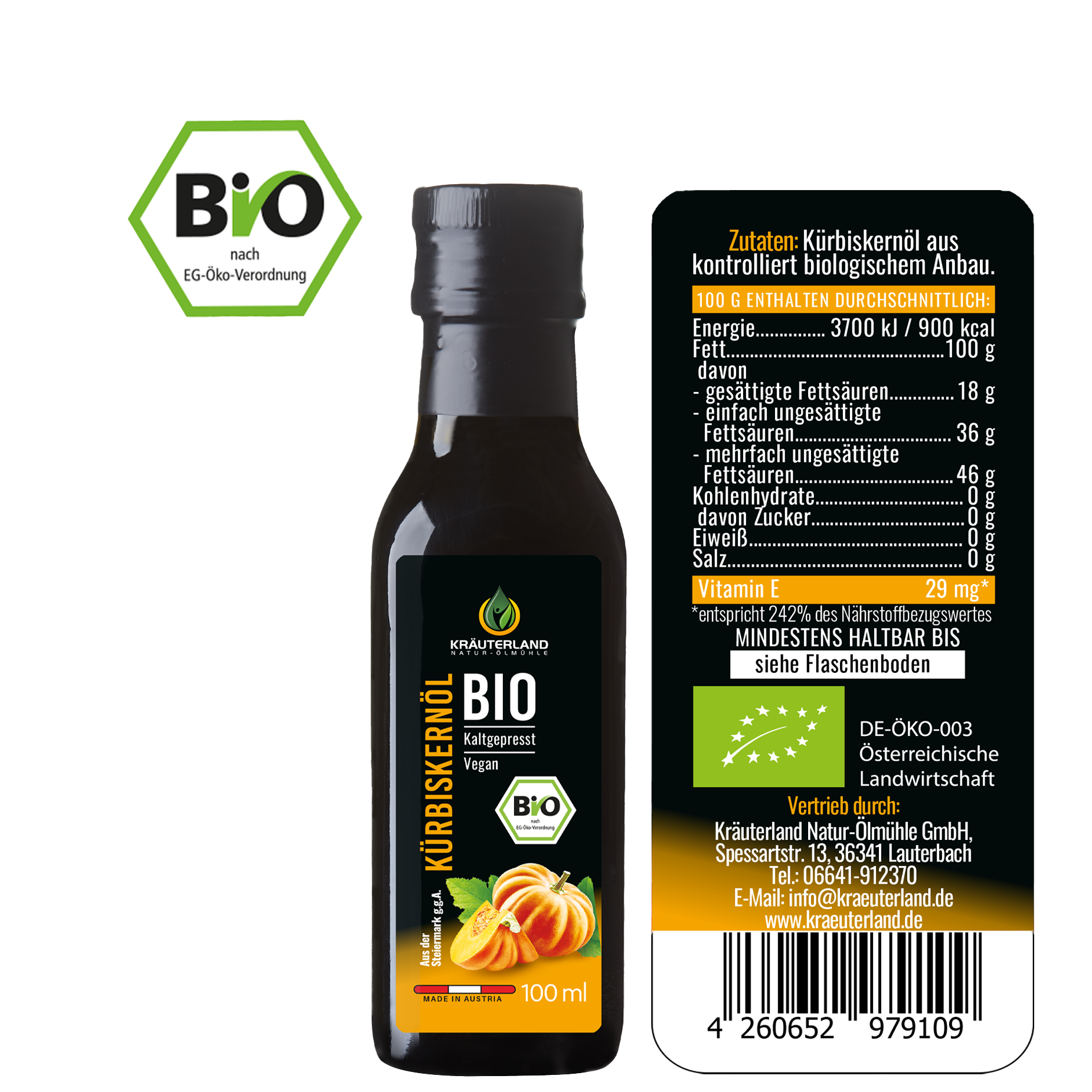 Rückseite des Kräuterland Bio Kürbiskernöls mit Zutatenliste Nährwerttabelle und Bio Kennzeichnung