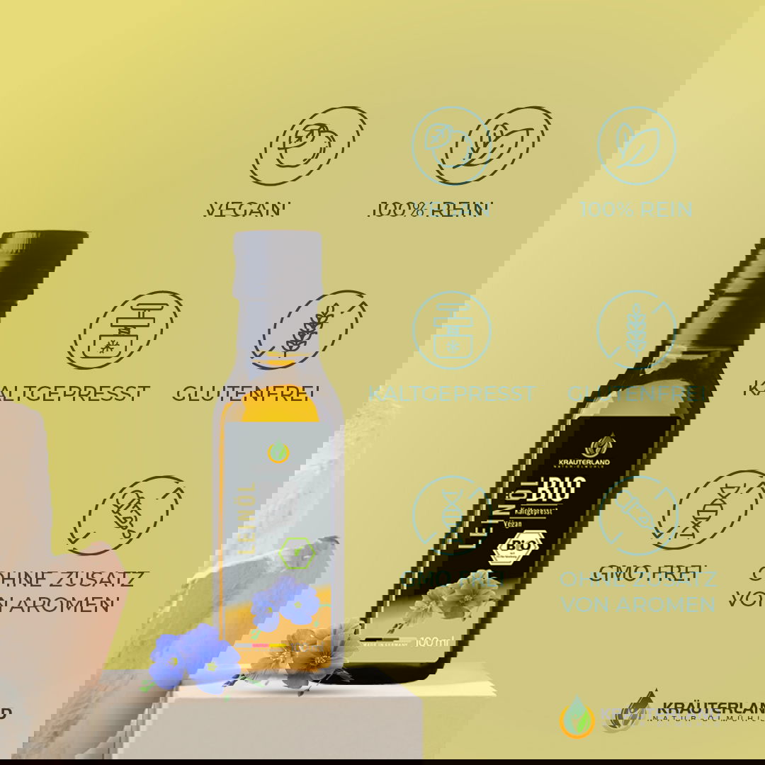 Bio Leinöl von Kräuterland mit Icons für vegan rein kaltgepresst glutenfrei gentechnikfrei und ohne Aromazusatz